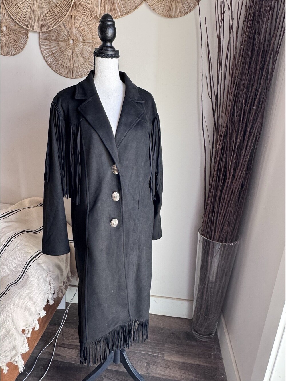 Lucky & Blessed Black Faux Suede Fringe Duster Jacket – Size Large